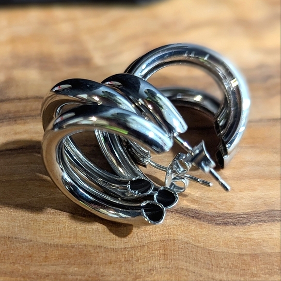 Silver Triple Multi Hoop Earrings Women Hollow Chunky Preppy Quiet Luxury Y2K - Picture 4 of 7